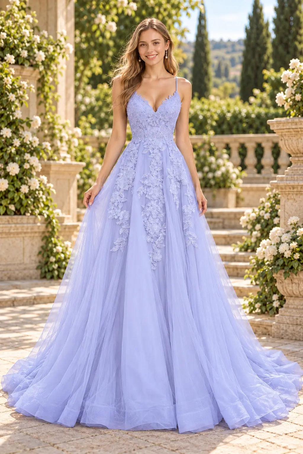 A-line V Neck Spaghetti Straps Sweep Train Tulle Prom Dress With Appliqued