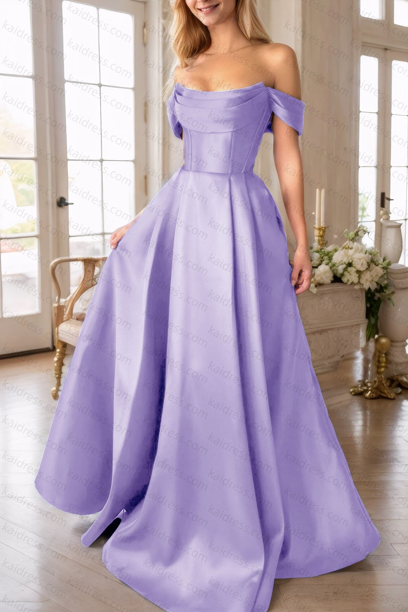 A-Line Satin Long Prom Dress, Simple Off the Shoulder Evening Party Dress With Pockets