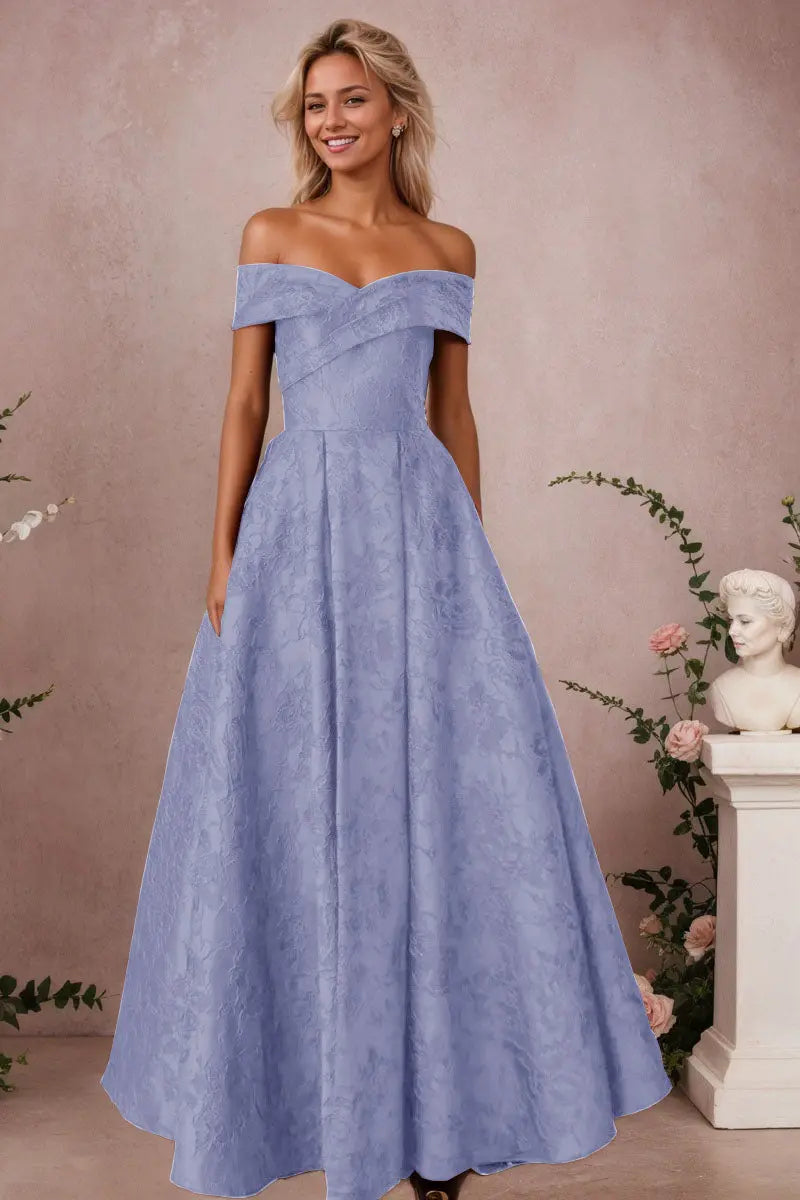A-Line Off Shoulder Satin Burgundy Long Prom Dress Floral Jacquard Formal Ball Gowns - KAIDRESS