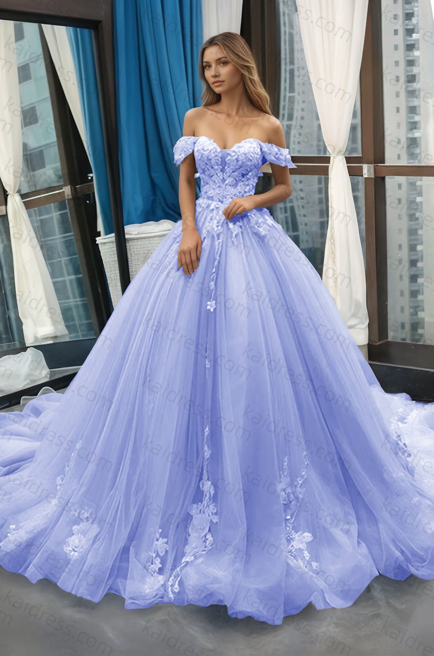 A-Line Off the Shoulder Tulle Applique Long Quinceañera Dresses Blue Formal Prom Dress