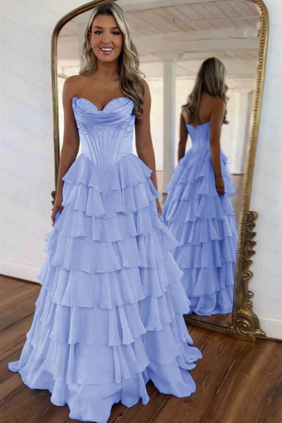A Line Blue Sweetheart Chiffon Ruffled Long Corset Prom Dress with Slit