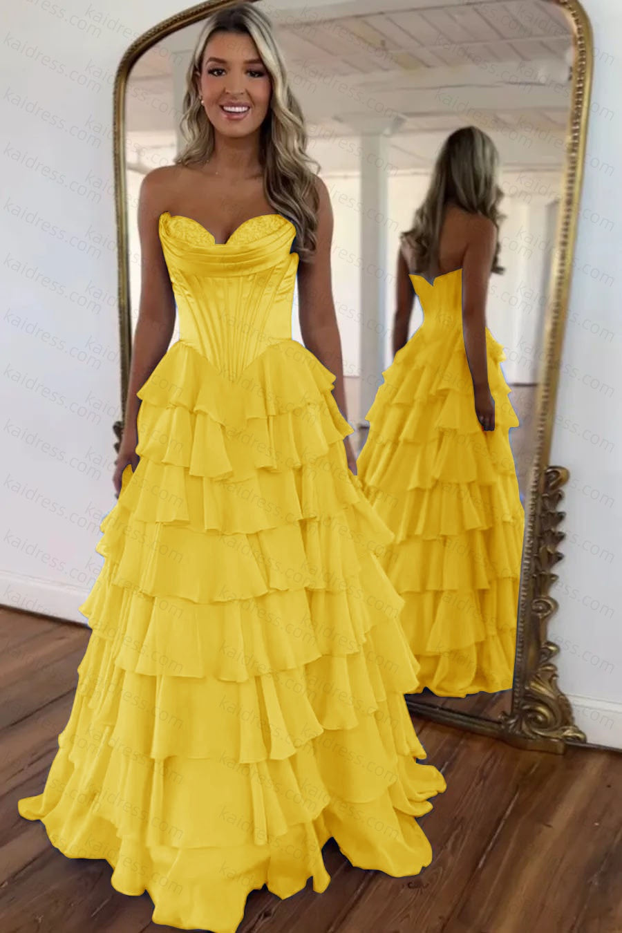 A Line Blue Sweetheart Chiffon Ruffled Long Corset Prom Dress with Slit