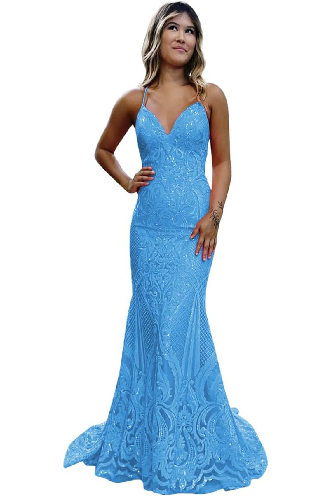 Trumpet/Mermaid V Neck Sleeveless Sweep Train Allover Sparkly Sequined Lace Prom Dress