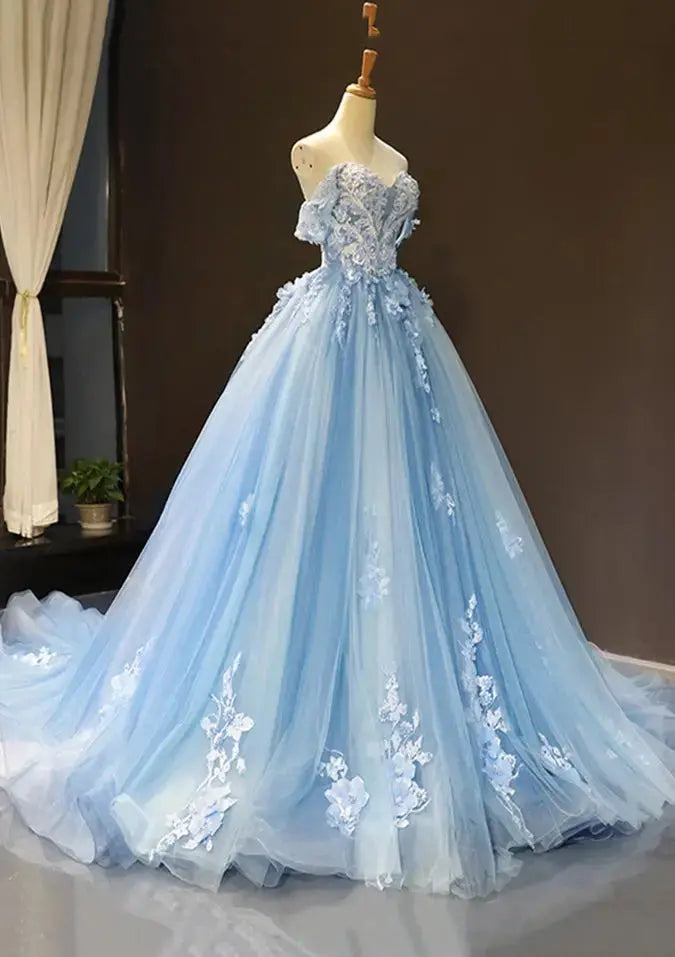 Light Blue 3D Floral Tulle Quinceanera Dress with Lace-Up Back & Train