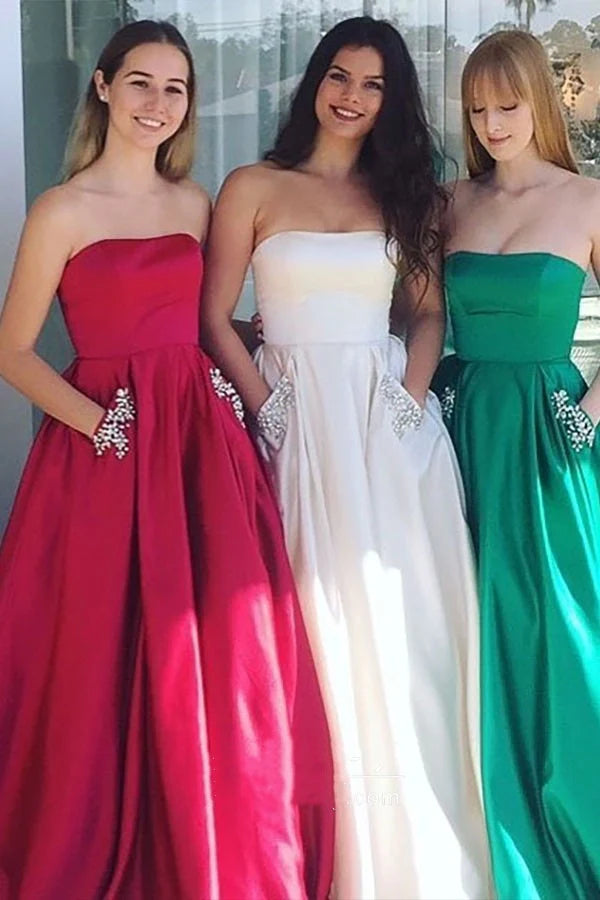 Light Blue Satin Long Prom Dresses with Pockets Formal Evening Gowns