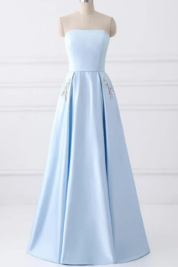 Light Blue Satin Long Prom Dresses with Pockets Formal Evening Gowns