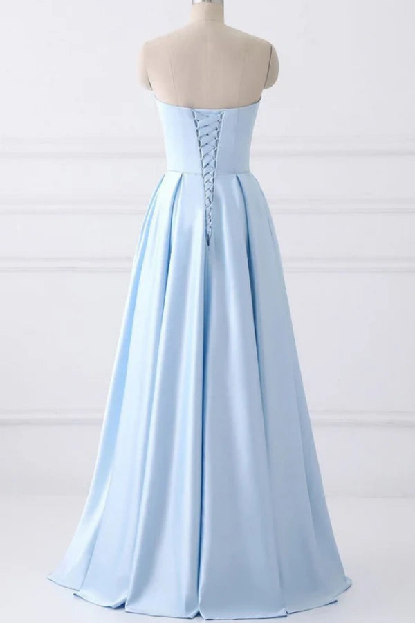 Light Blue Satin Long Prom Dresses with Pockets Formal Evening Gowns