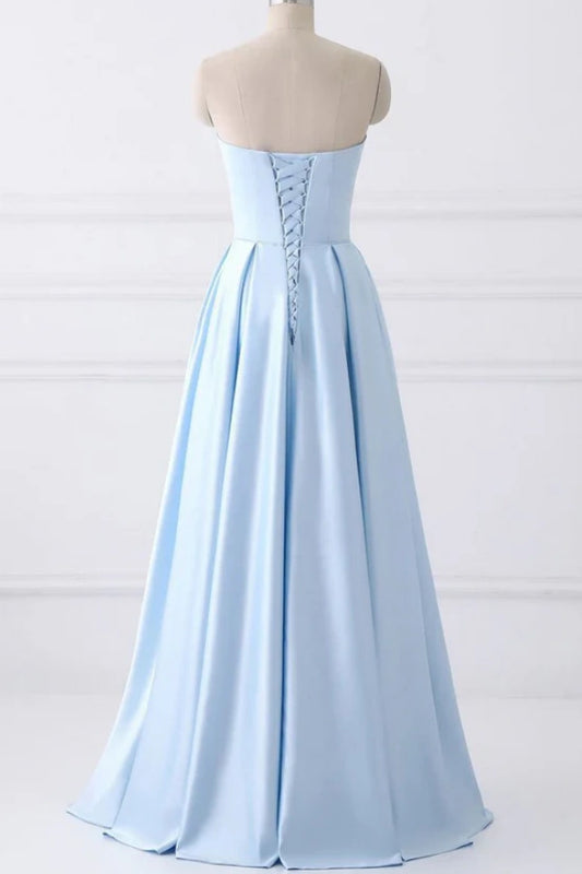 Light Blue Satin Long Prom Dresses with Pockets Formal Evening Gowns