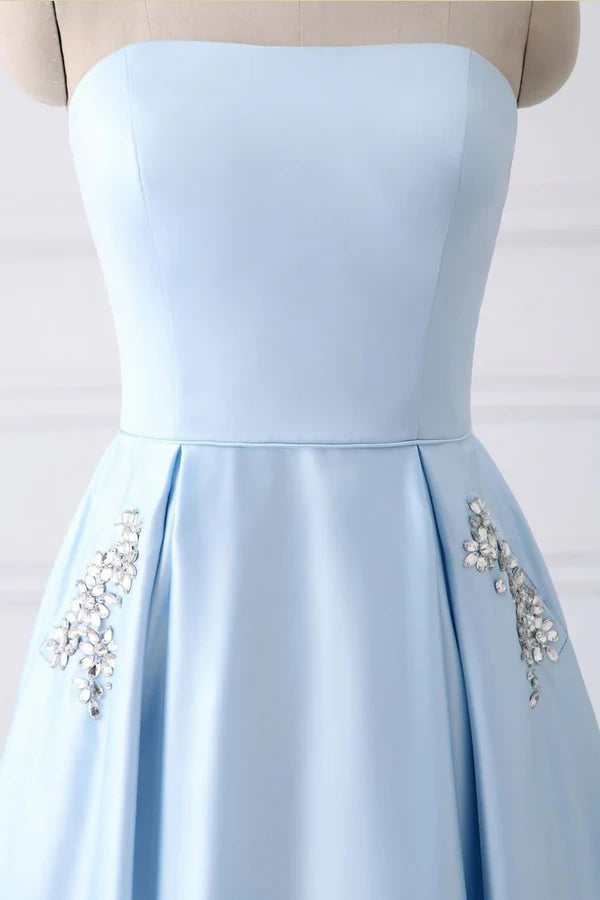 Light Blue Satin Long Prom Dresses with Pockets Formal Evening Gowns