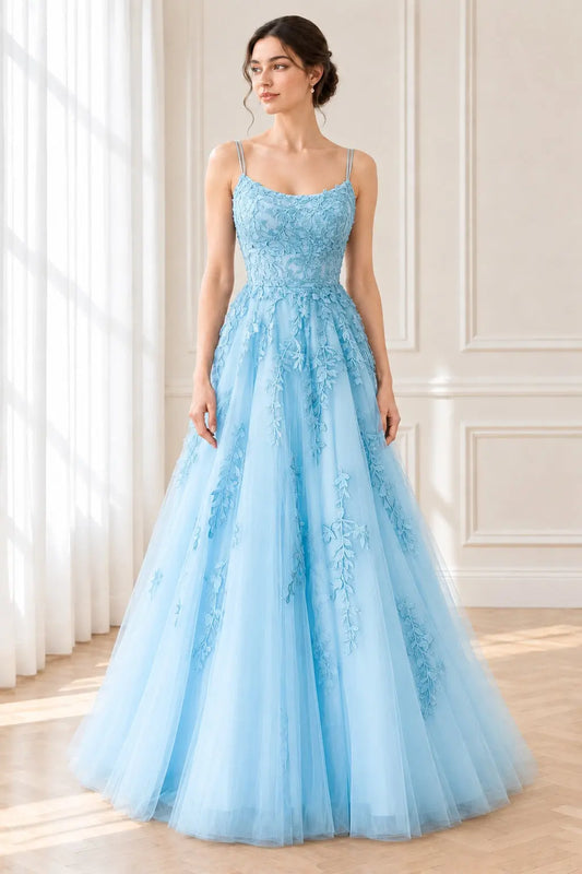 Light Blue Tulle Lace Applique A-Line Prom Dress with Spaghetti Straps