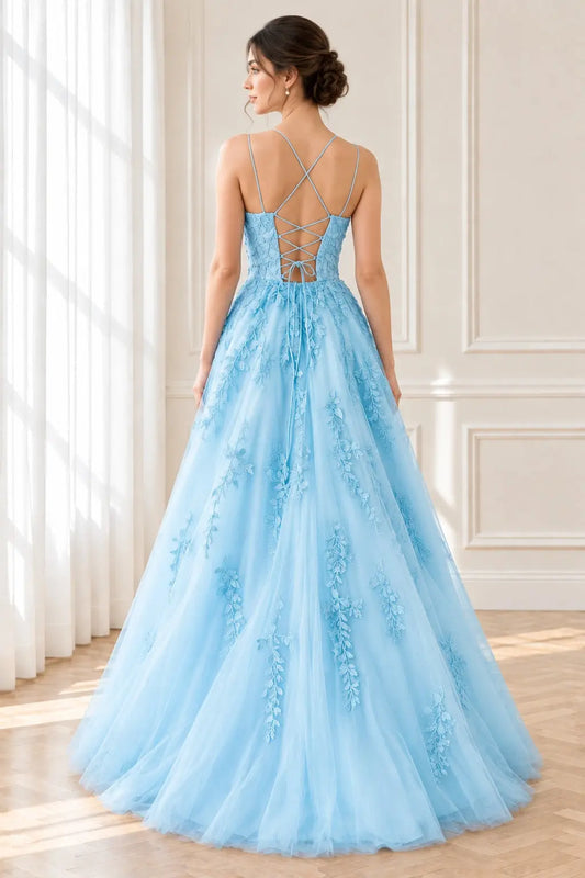 Light Blue Tulle Lace Applique A-Line Prom Dress with Spaghetti Straps