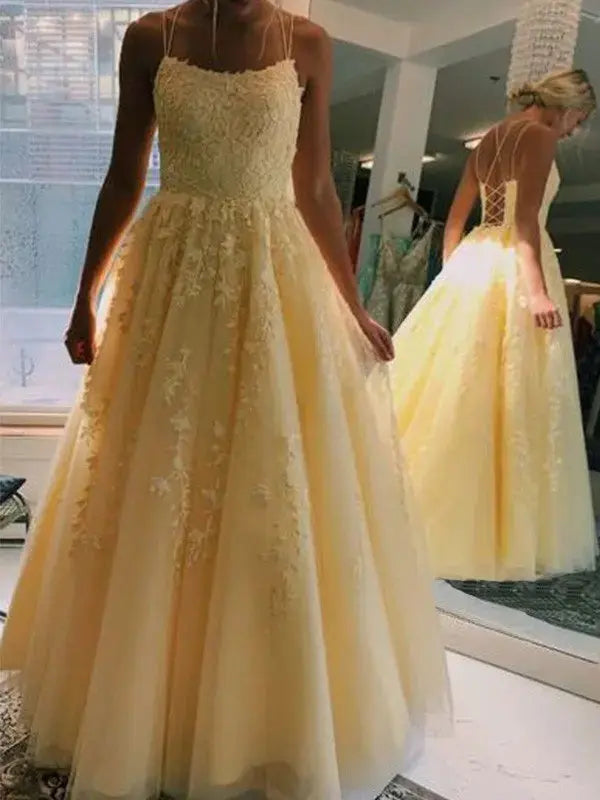 Light Blue Tulle Lace Applique A-Line Prom Dress with Spaghetti Straps