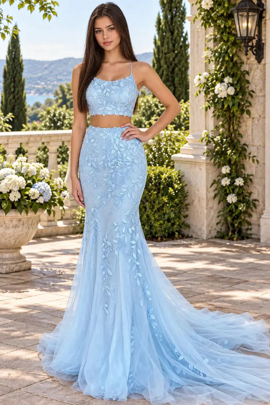 Light Blue Two-Piece Lace Mermaid Prom Dress with Halter Top and Train