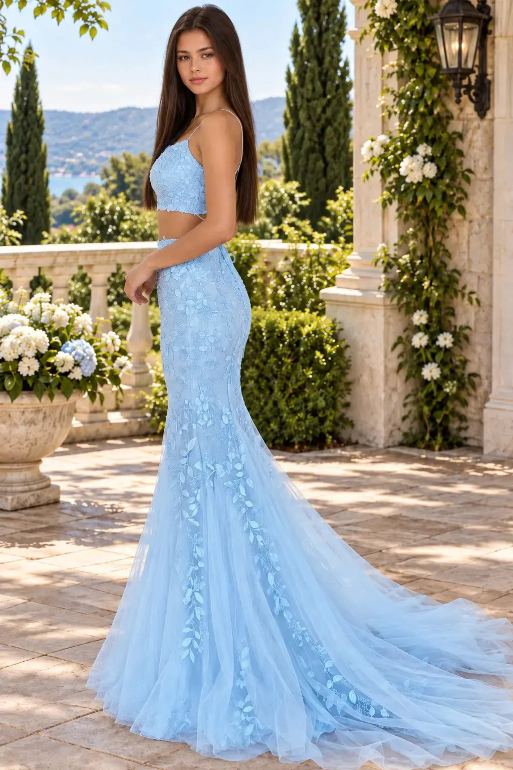 Light Blue Two-Piece Lace Mermaid Prom Dress with Halter Top and Train