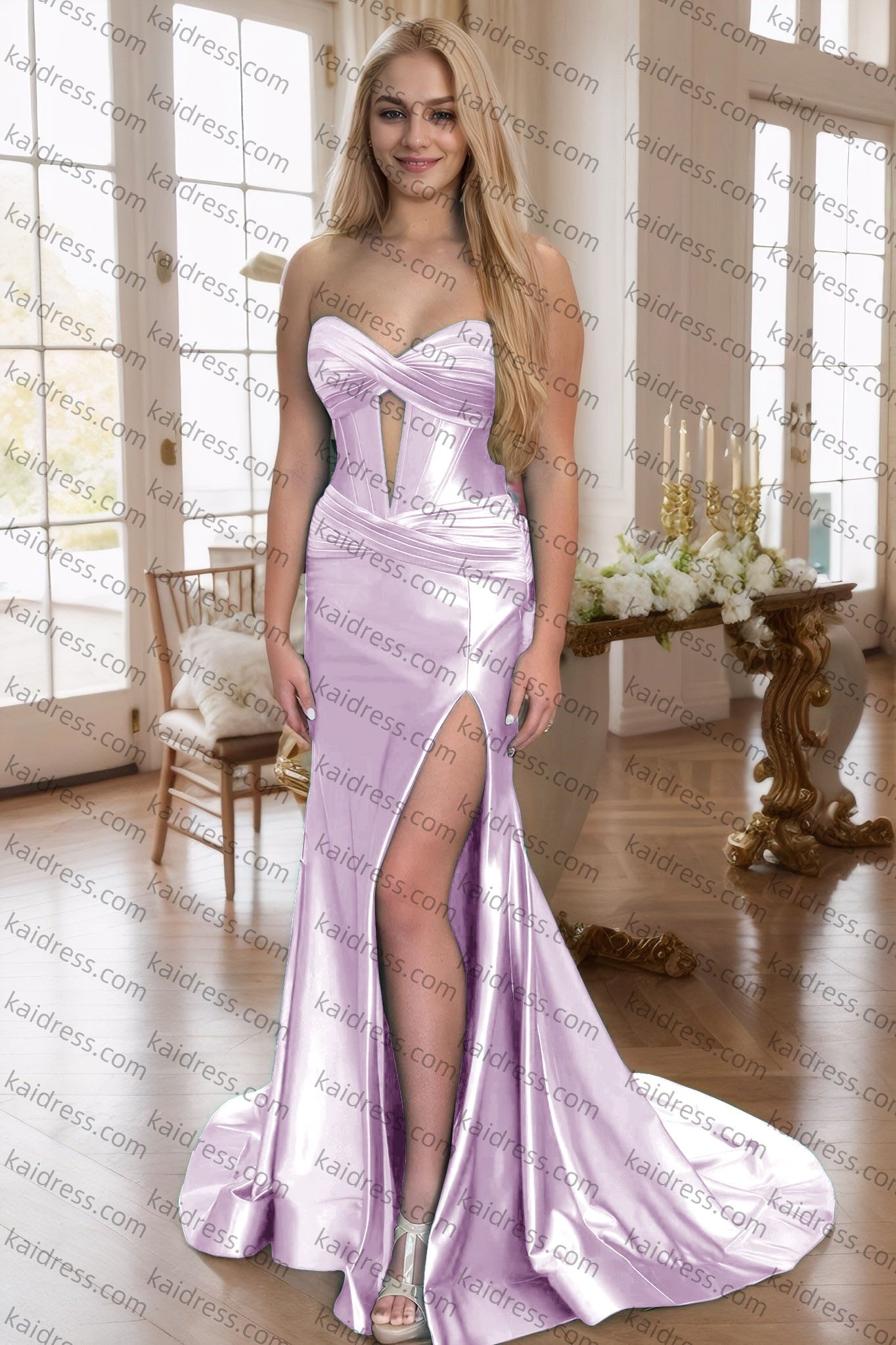 Green Silk Strapless Mermaid Prom Dresses Long Formal Evening Gown with Slit