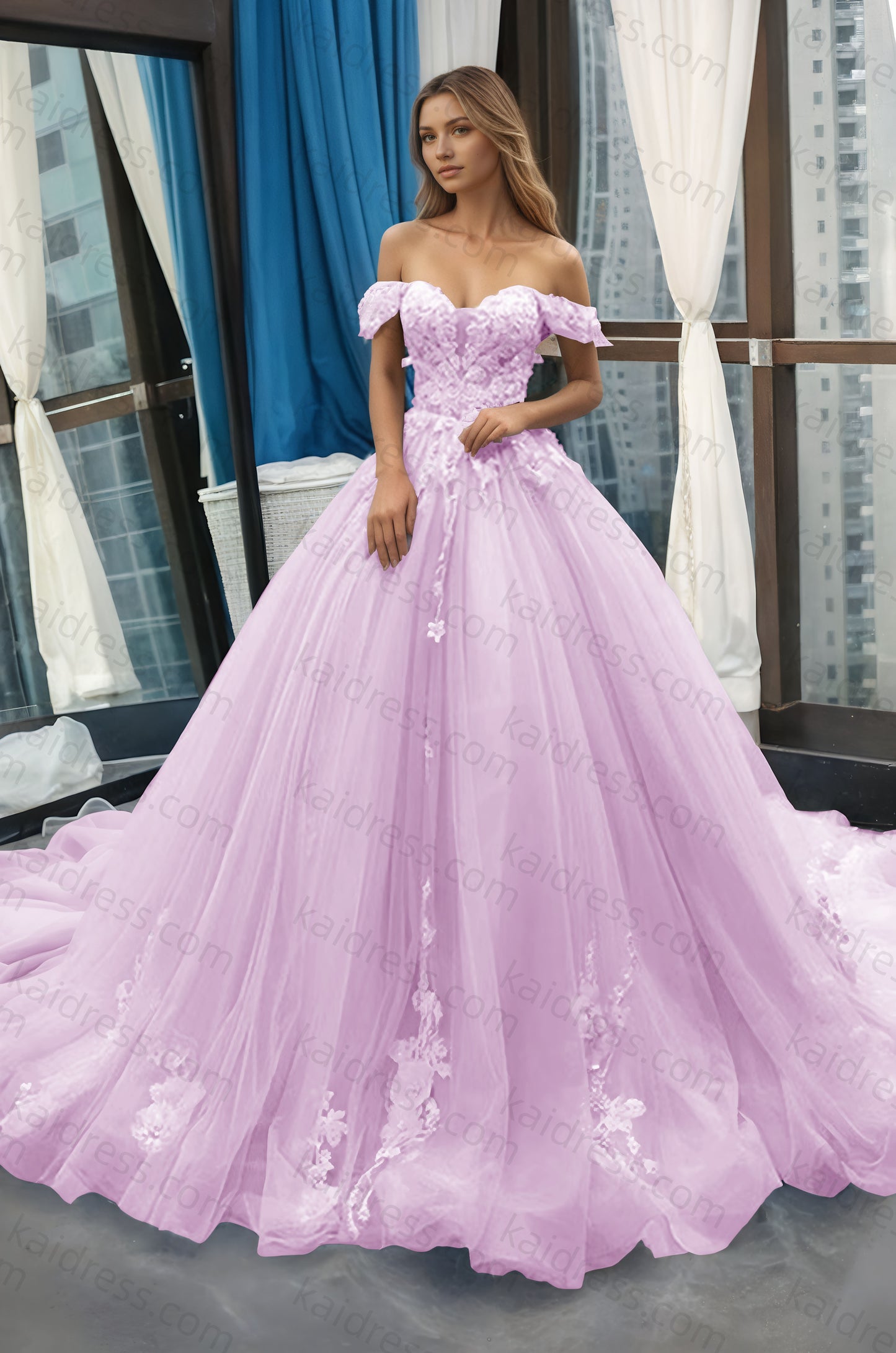 A-Line Off the Shoulder Tulle Applique Long Quinceañera Dresses Blue Formal Prom Dress