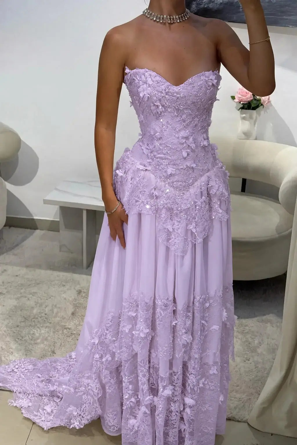 Dreamy Yellow 3D Floral Applique Sweetheart Corset Prom Dress