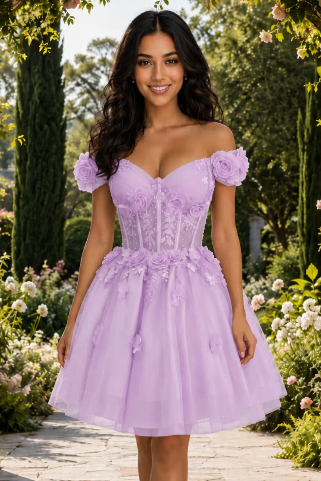 A-line Off-the-Shoulder Tulle Short/Mini Homecoming Dress with Appliqued Flowers Sequins KAIDRESS