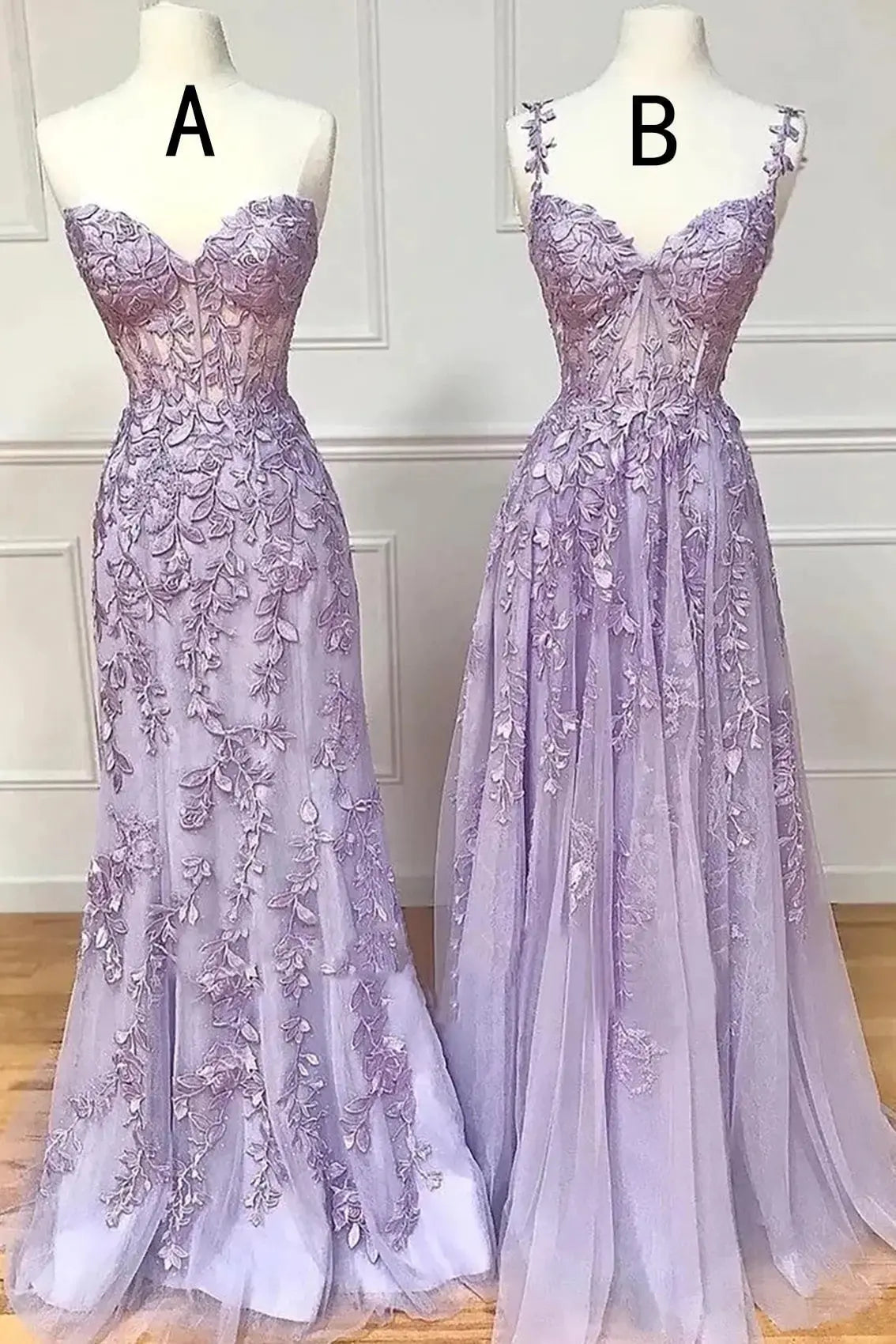 Lilac A-Line Sweetheart Lace Tulle Prom Dress Beaded Applique Gown