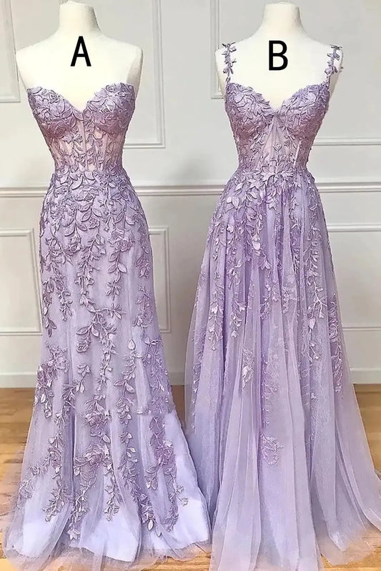 Lilac A-Line Sweetheart Lace Tulle Prom Dress Beaded Applique Gown