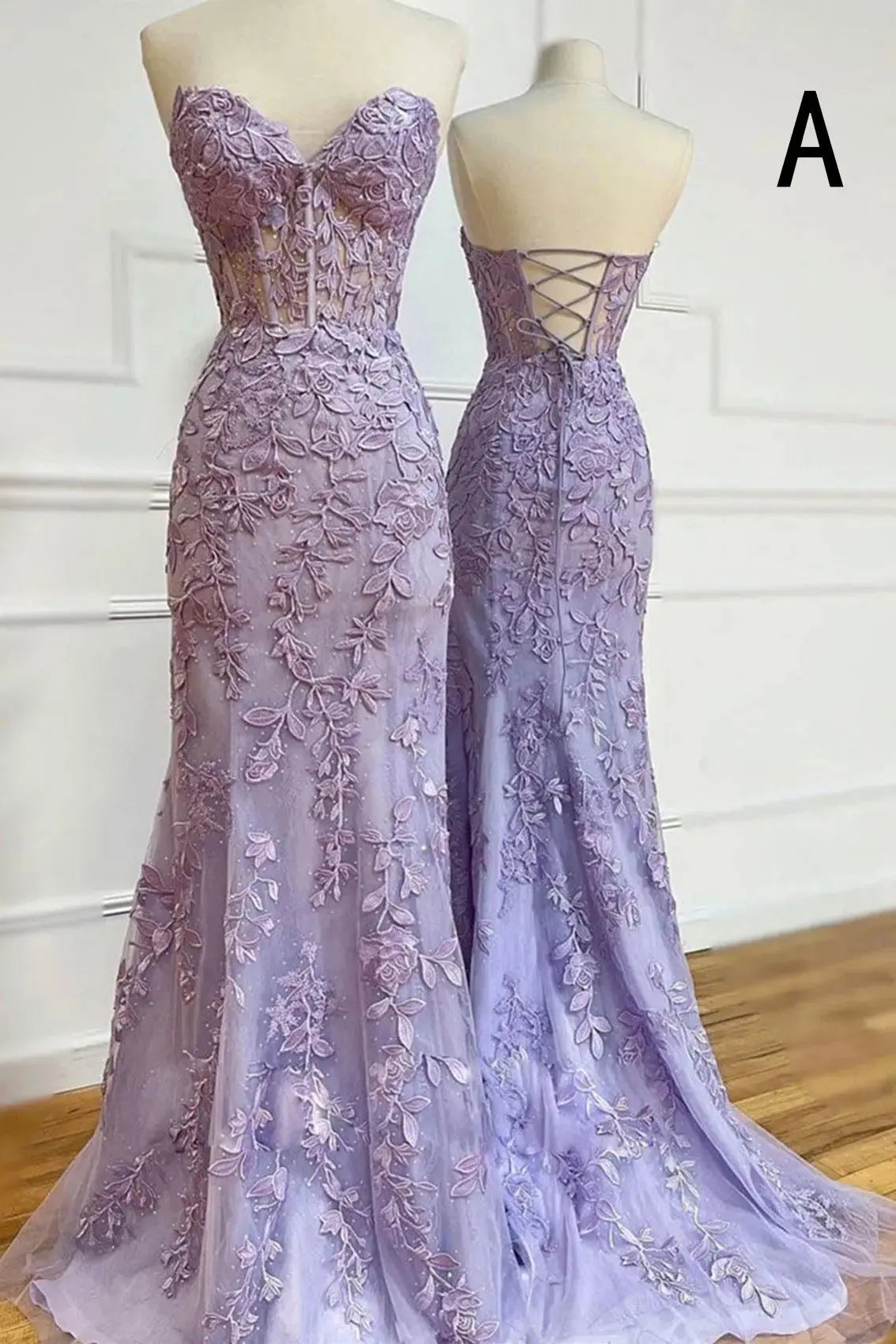 Lilac A-Line Sweetheart Lace Tulle Prom Dress Beaded Applique Gown