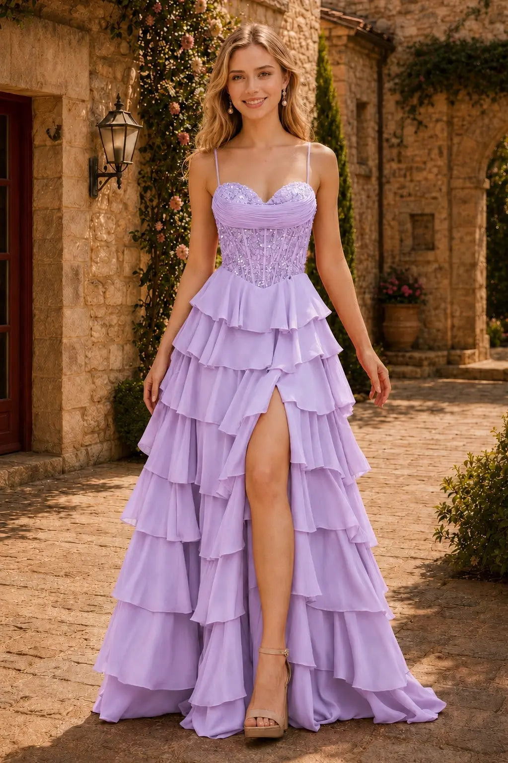 Spaghetti Straps Sweetheart Embellished Corset Chiffon Slit Ruffle Prom Dress with Detachable Straps