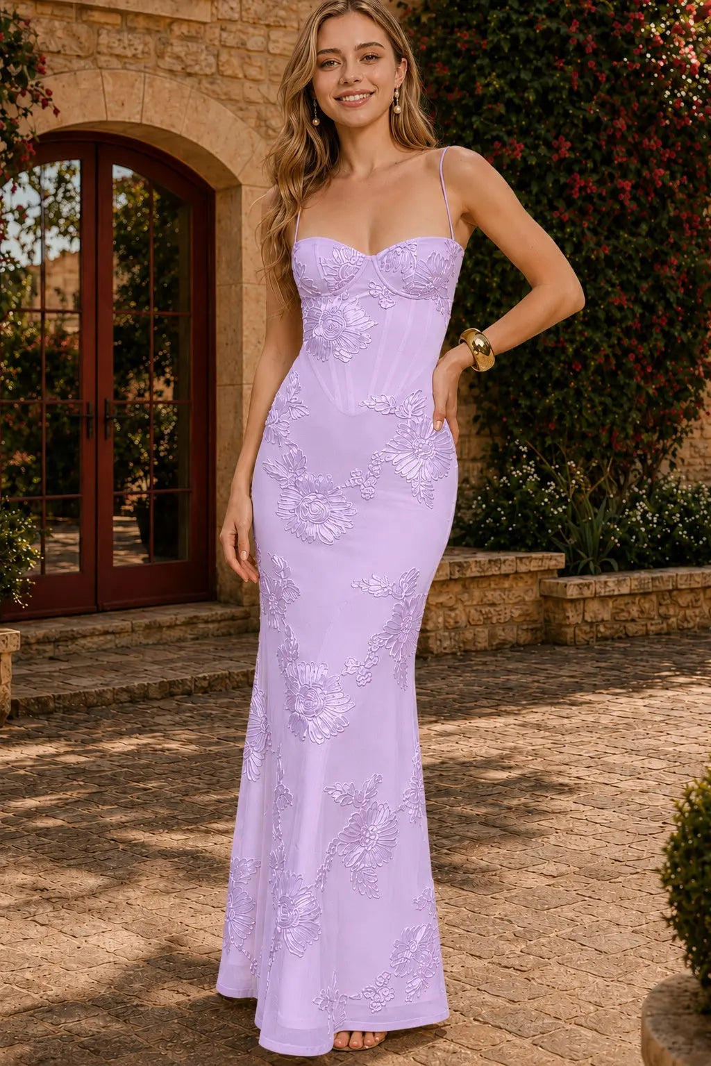 Yellow Spaghetti Straps Sheath Long Prom Dresses With Floral Embroidery KAIDRESS