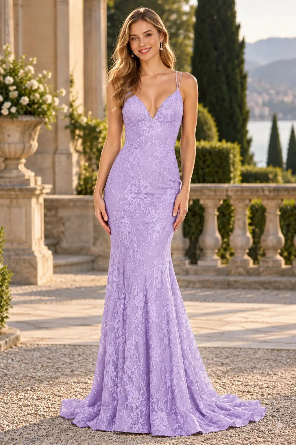 Mermaid V-neck Backless Sleeveless Lace Red Formal Prom Dresses Long Slit Evening Gowns