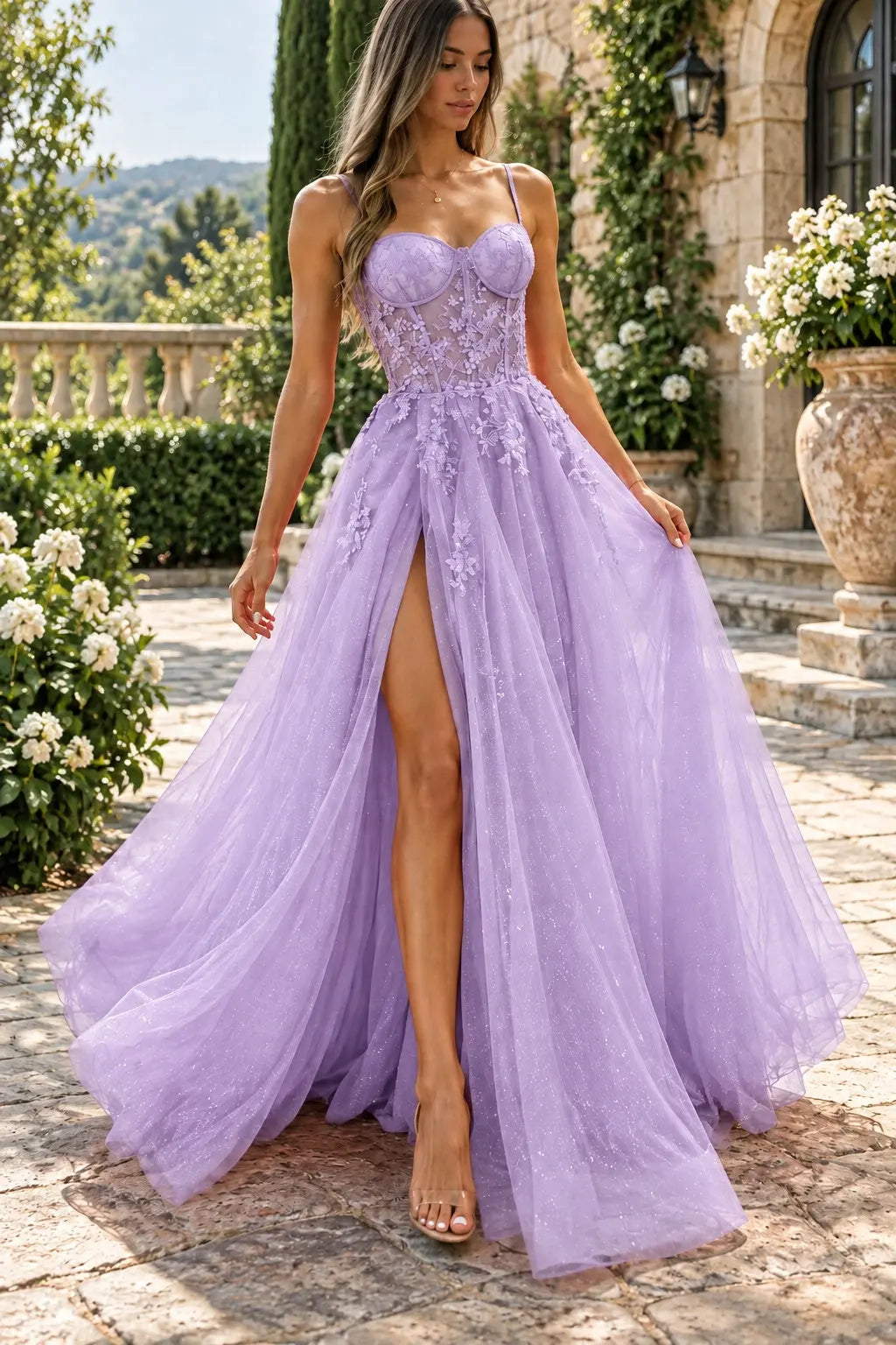 A-line Sweetheart Spaghetti Straps Sweep Train Tulle Glitter Prom Dress With Appliqued