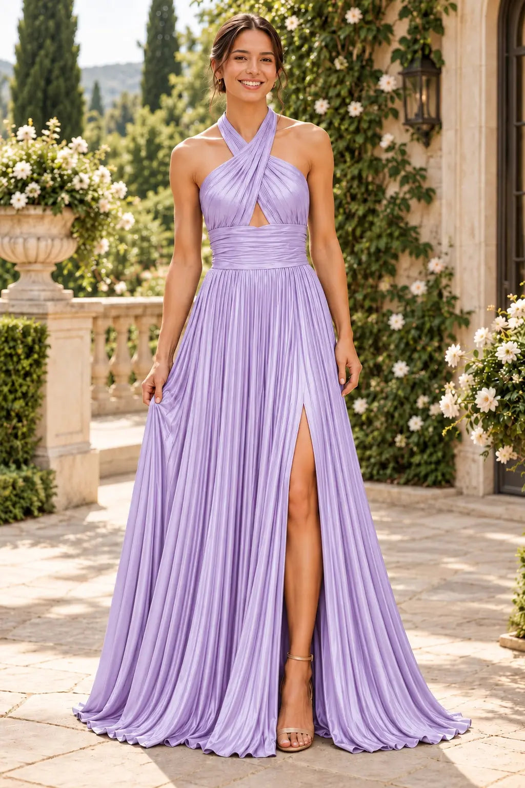 Glitter Green Halter Cut Out Backless Pleats Long Prom Dress with Slit