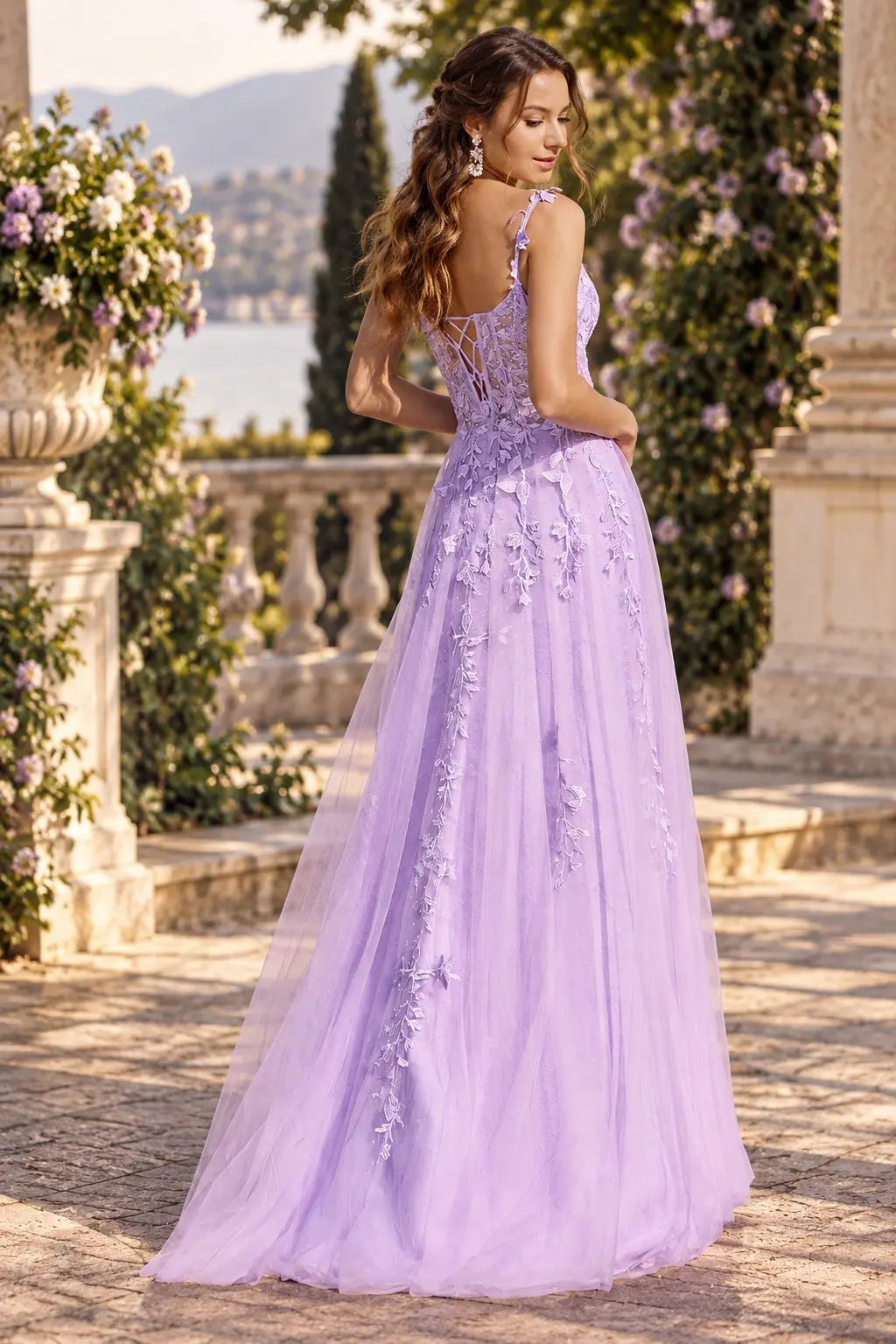 A-line V Neck Sweep Spaghetti Straps Train Tulle Prom Dress with Appliqued Beading