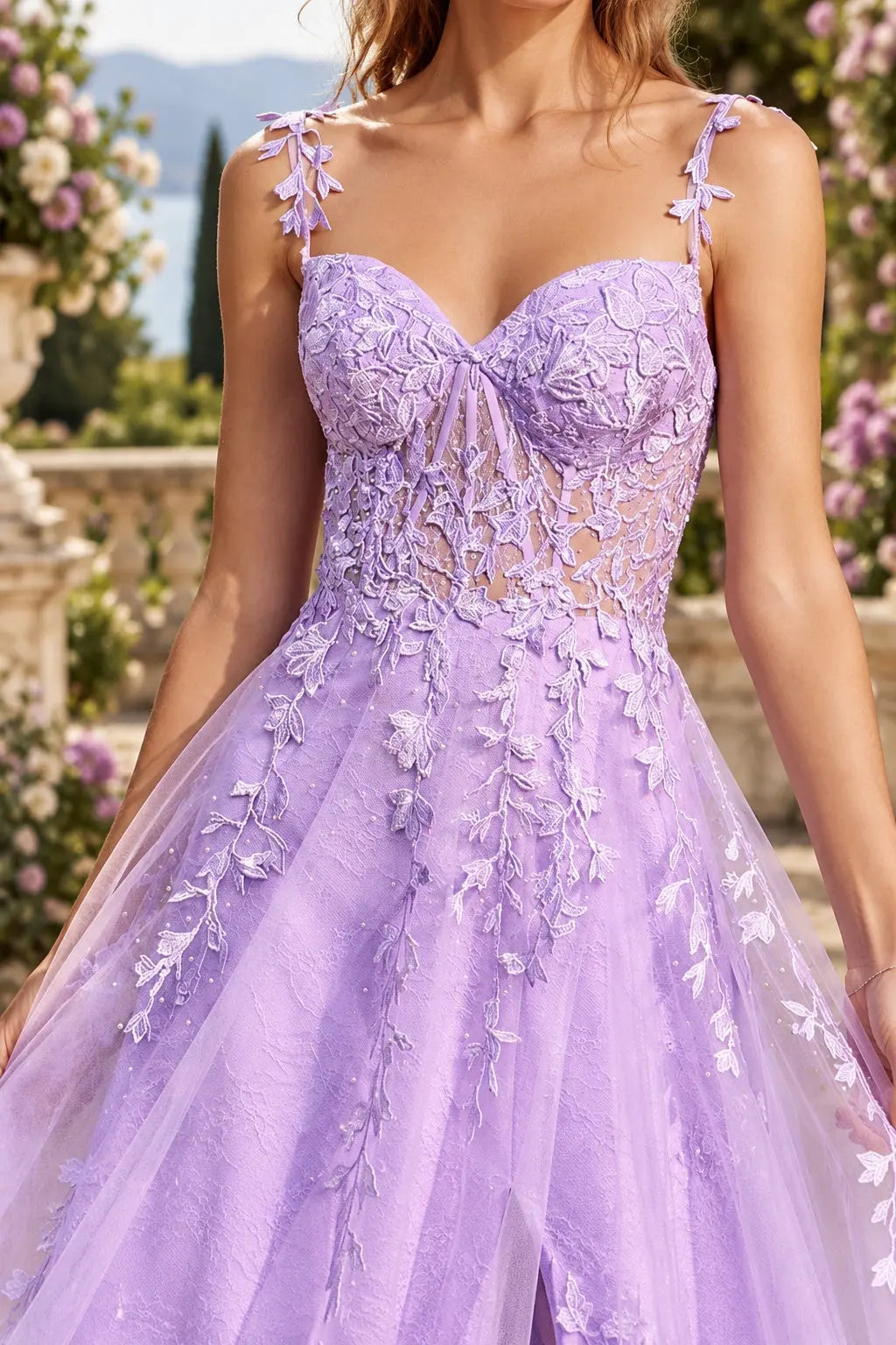 A-line V Neck Sweep Spaghetti Straps Train Tulle Prom Dress with Appliqued Beading