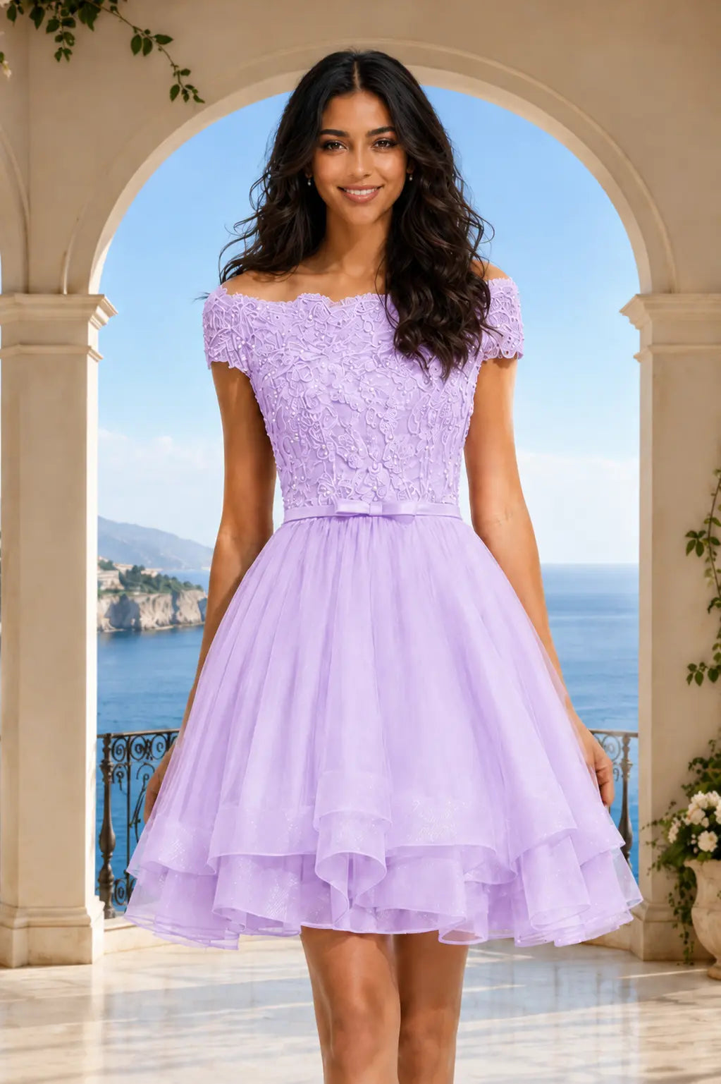 Burgundy Lace Off Shoulder A Line Short Homecoming Dress KAIDRESS