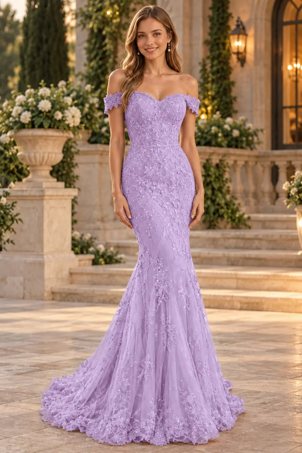 Lace Long/Floor-Length Trumpet/Mermaid Sleeveless Off-The-Shoulder Zipper Prom Dresses With Appliqued Beaded