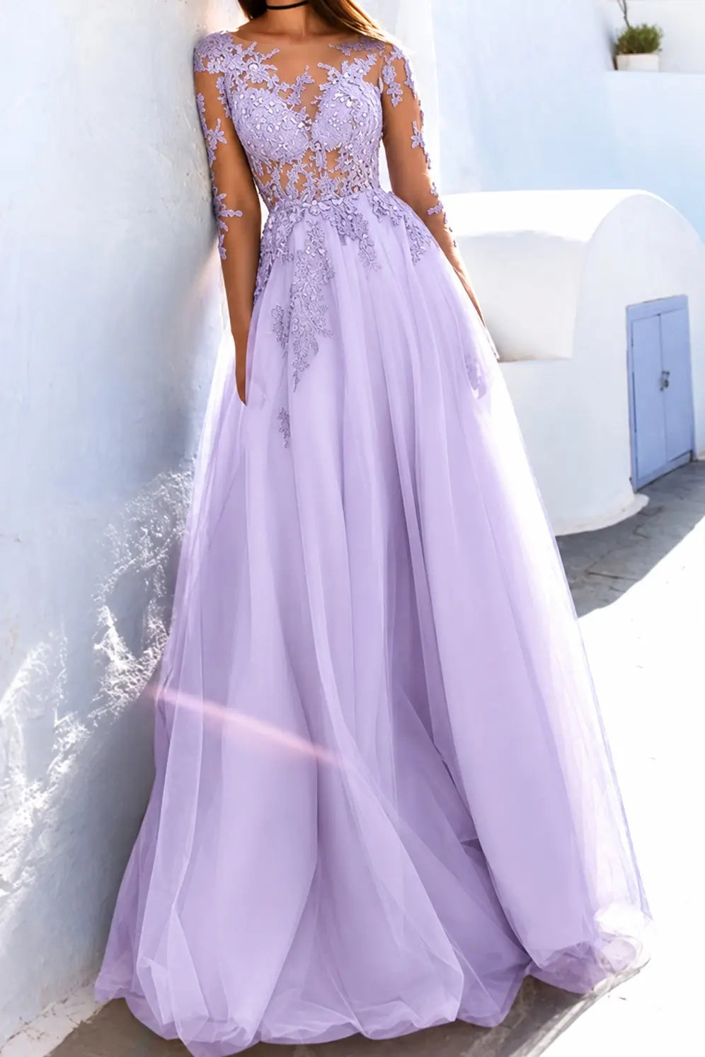 A-Line Scoop Long Sleeves Floor-Length With Applique Tulle Prom Dresses