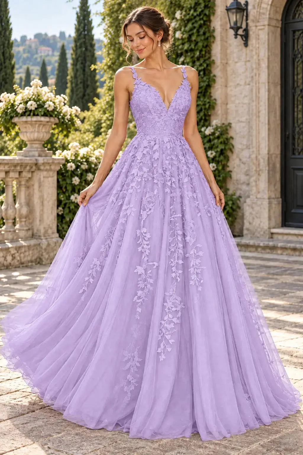 A-Line Lace Prom Dresses Long V Neck Sleeveless Formal Maxi Dress KAIDRESS