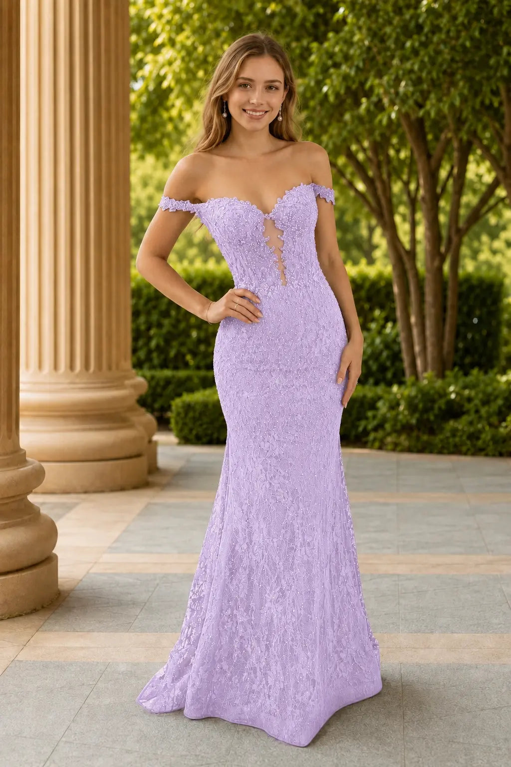 Mermaid Off the Shoulder Navy Lace Prom Dresses Long Evening Dresses KAIDRESS