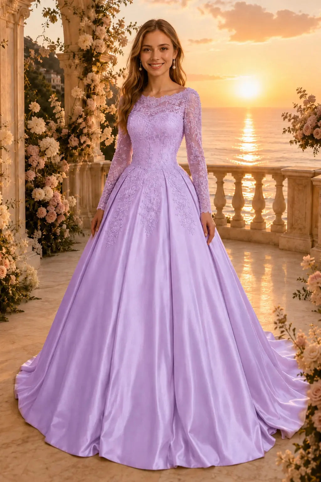 Ball Gown Long Sleeves Off-the-Shoulder Chapel Train Applique Satin Prom Dresses Kaidress