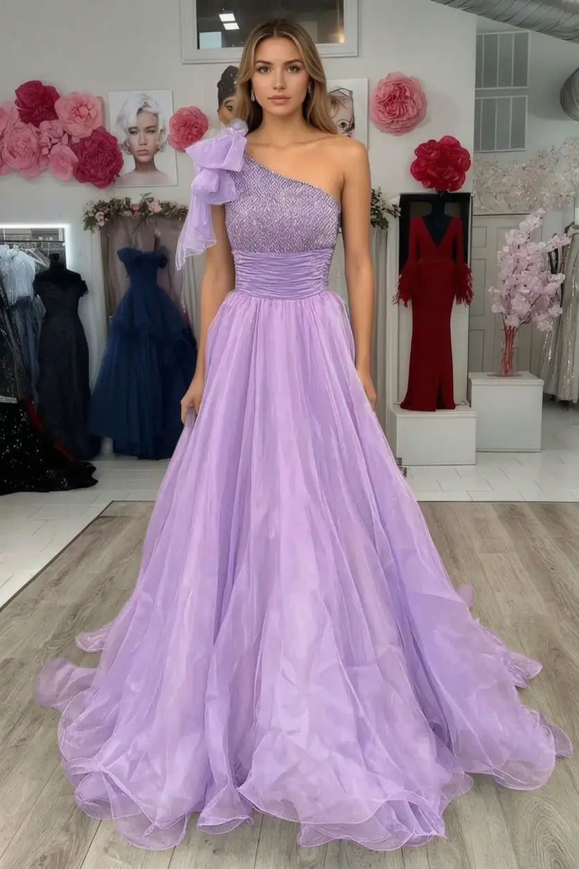 A Line Sparkly Sky Blue One Shoulder Long Prom Dress with Beading KAIDRESS