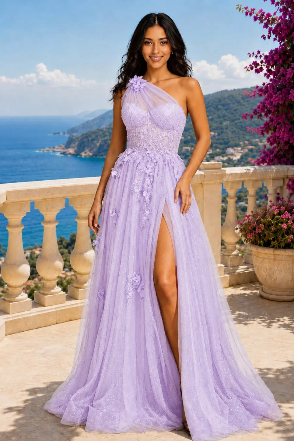 A-line One-Shoulder Sleeveless Long/Floor-Length Tulle Prom Dresses with Appliqued Split KAIDRESS