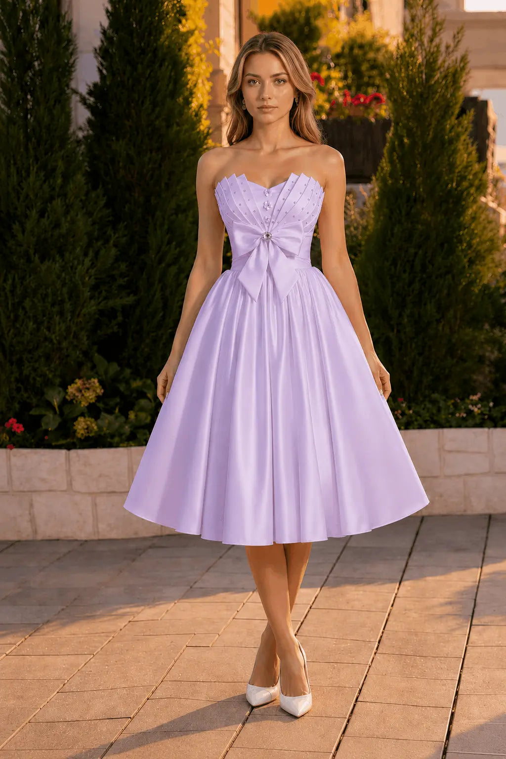 A-line Sweetheart Sleeveless Knee-Length Satin Homecoming Dress with Bow KAIDRESS