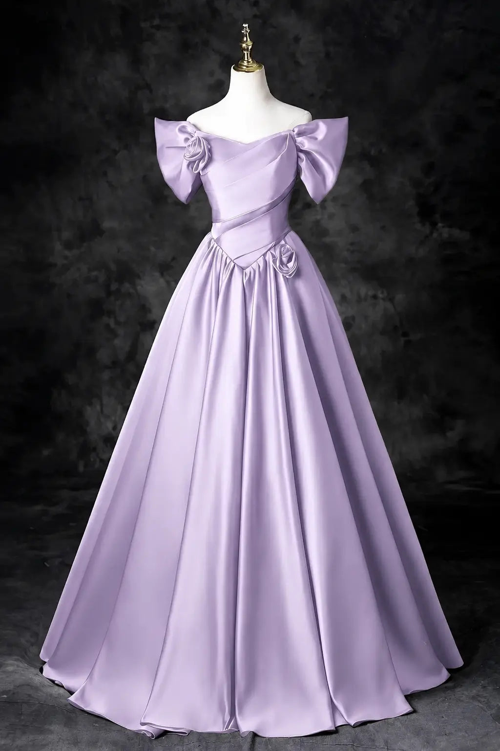 A-Line/Princess Satin Floor Length Formal Prom Dress, Off the Shoulder Prom Gown KAIDRESS