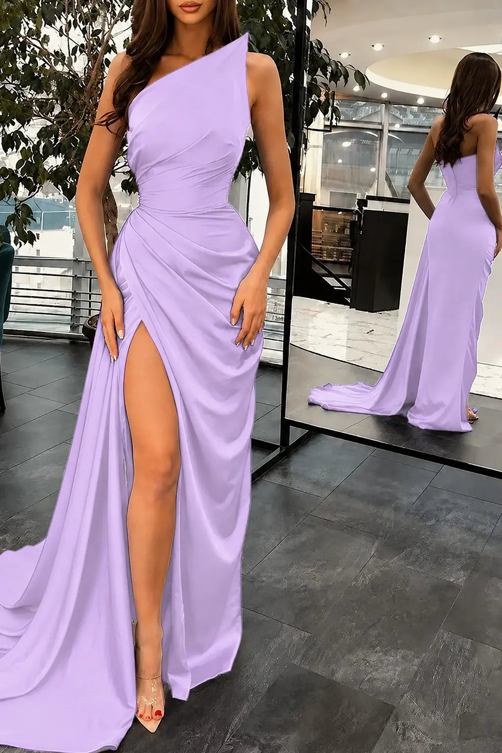 Trumpet/Mermaid Sleeveless Court Train Silk like Satin Prom Dresses with Ruffles Split KAIDRESS