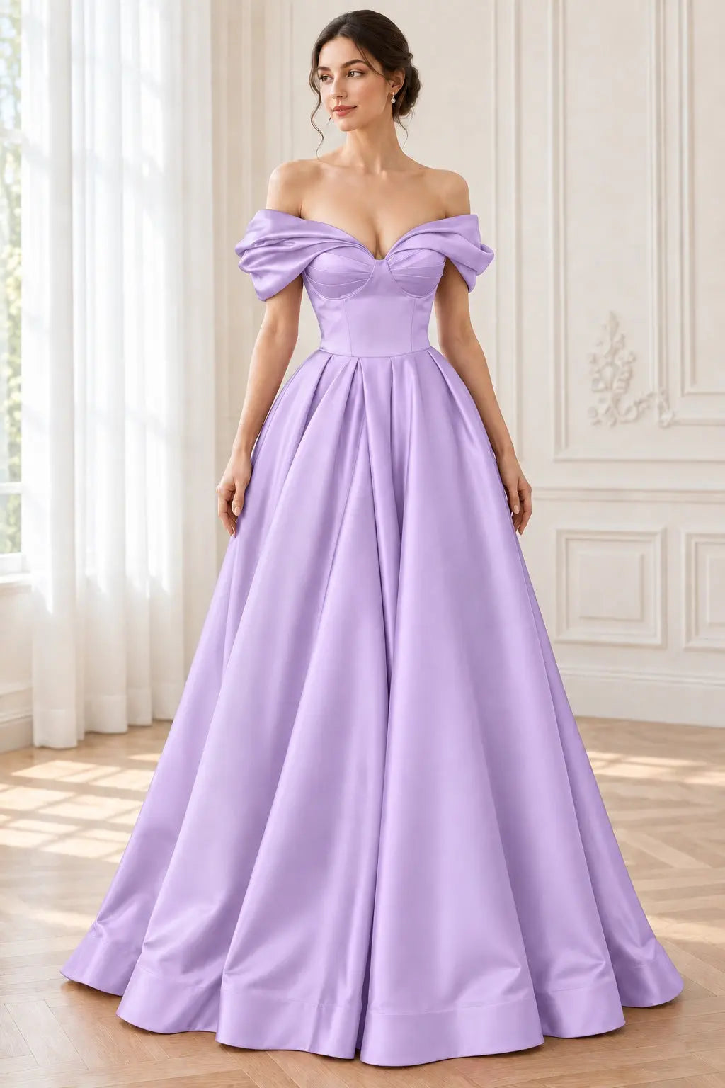 A-line Off-the-Shoulder Short Sleeve Satin Long/Floor-Length Prom Dresses With Ruffles Split