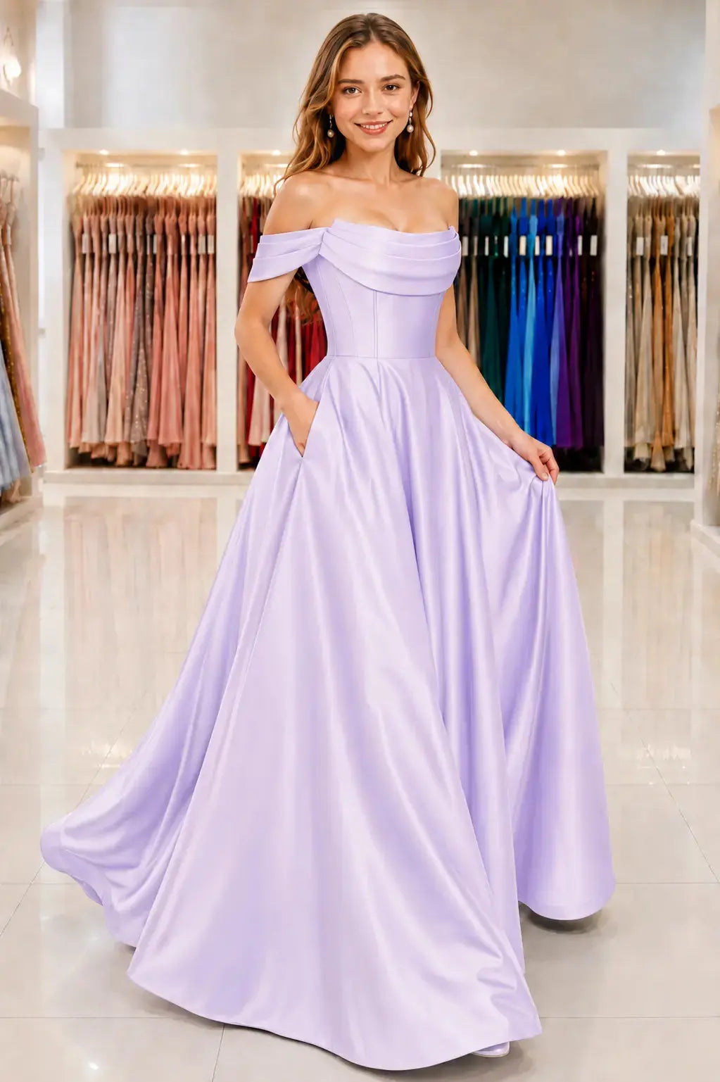 A-Line Satin Long Prom Dress, Simple Off the Shoulder Evening Party Dress With Pockets KAIDRESS
