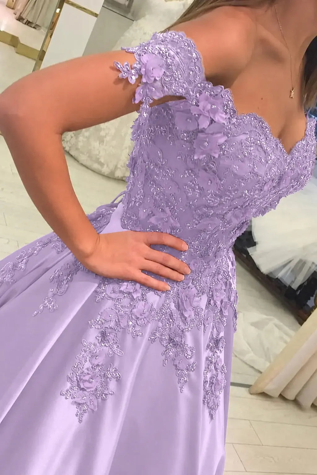 Appliqued Off-The-Shoulder Satin Princess Prom Dress With Beads