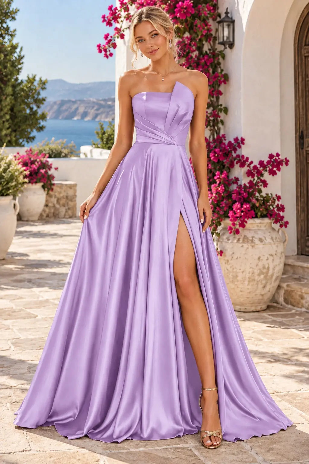 A-line Satin Formal Long Simple Sleeveless Prom Dresses with Slit