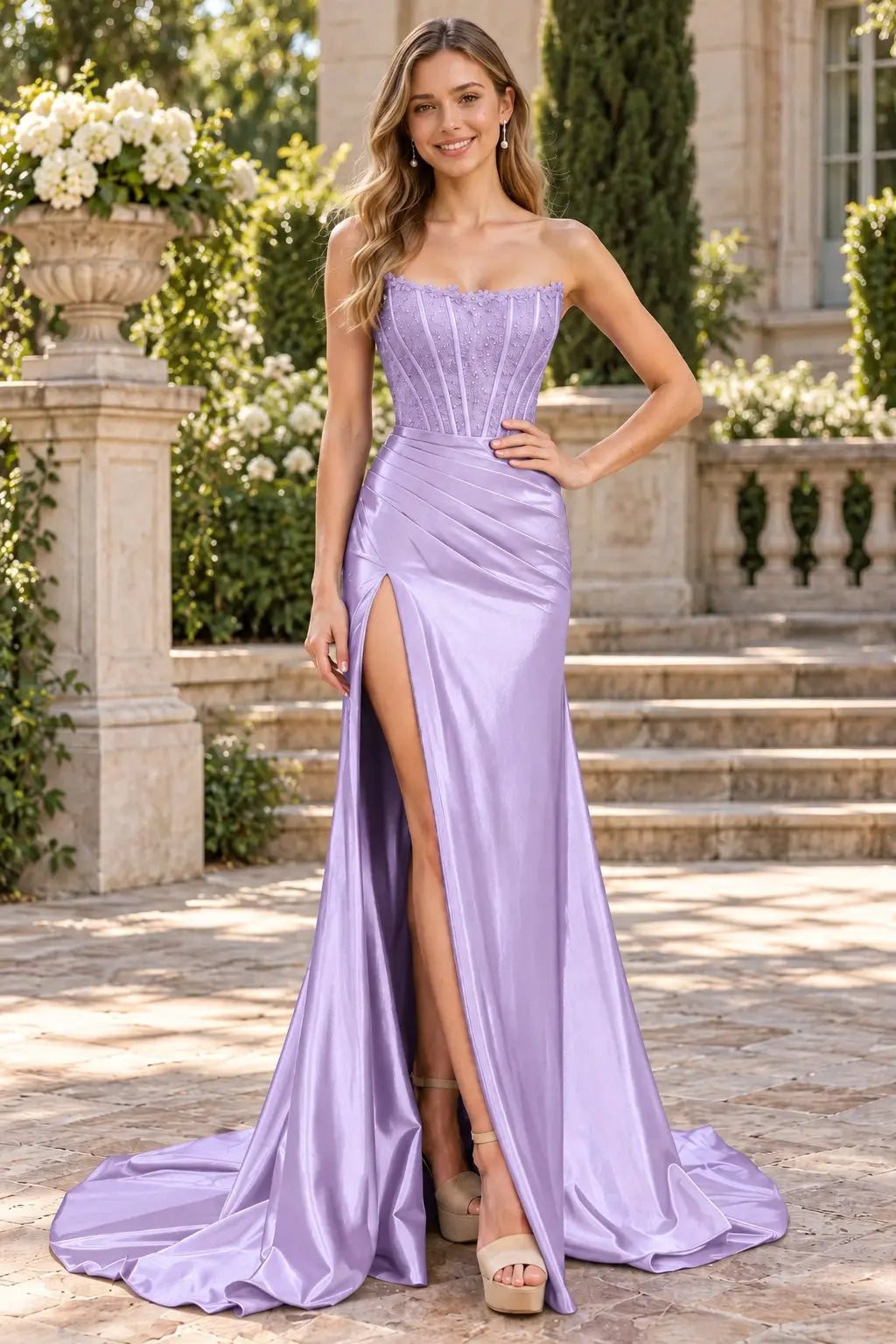 Royal Blue Satin Strapless Lace Corset Prom Dress with Thigh-High Slit