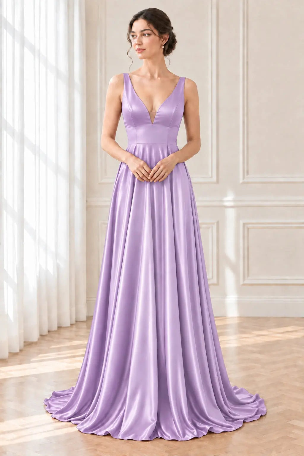 A-line/Princess V Neck Sleeveless Sweep Train Charmeuse Prom Dresses