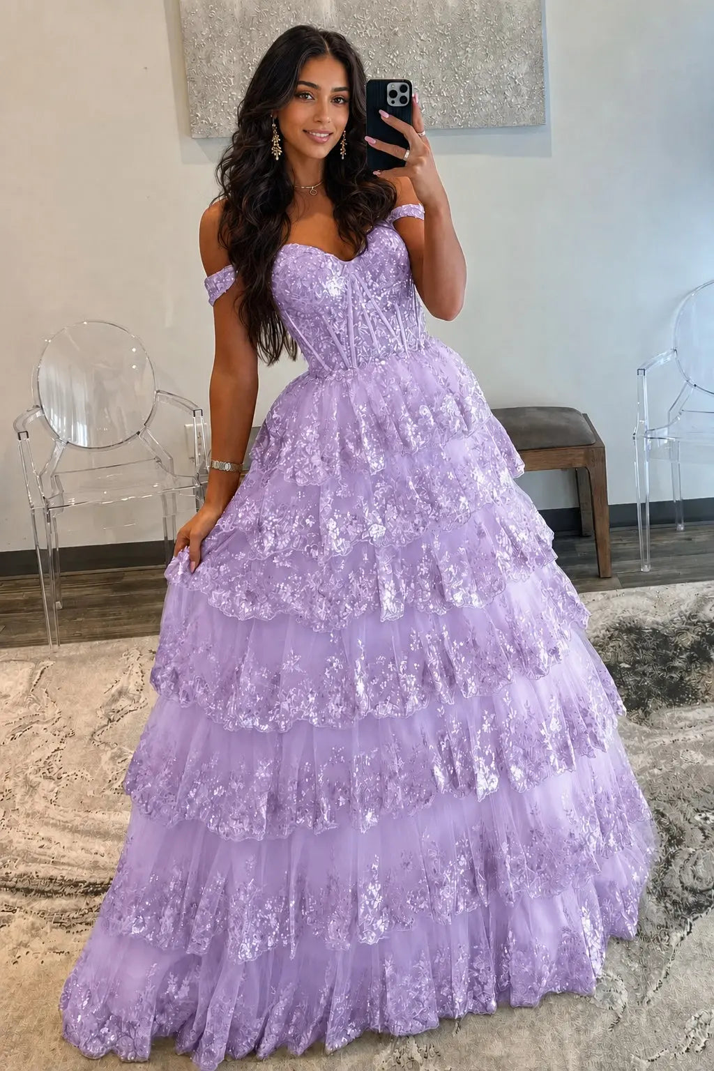 A-Line/Princess Princess Off the Shoulder Sequined Lace Prom Dress KAIDRESS